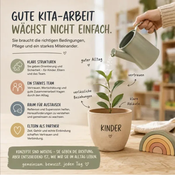 Grafik „Gute Kita-Arbeit wächst nicht einfach“ mit den vier Bausteinen klare Strukturen, starkes Team, Raum für Austausch und Eltern als Partner
